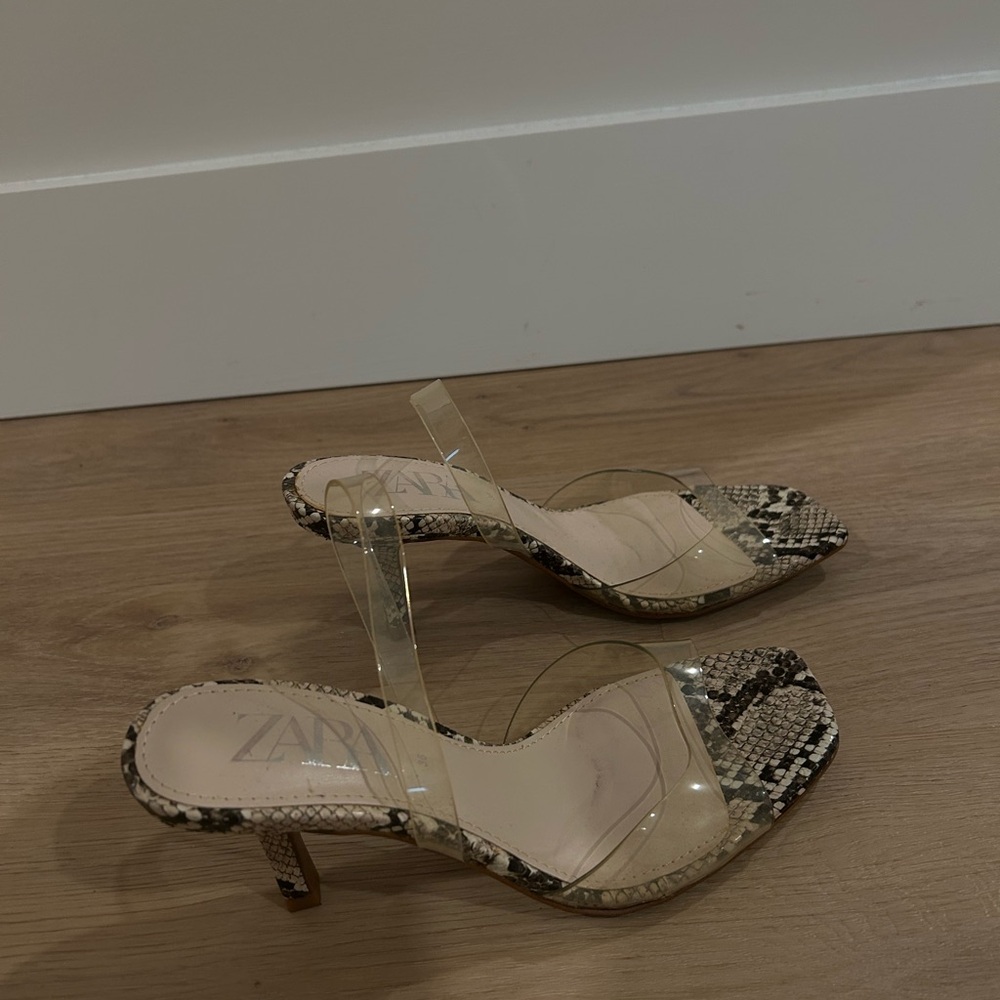 Zara Clear-Strap Snake-Print Slide Heels - Beige